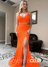 Marjorie |Long Orange Prom Dresses Near Me With Two Piece V Neck Mermaid Sequins Slit - Price #price_variant_lowest# - Orange - PromDressClub